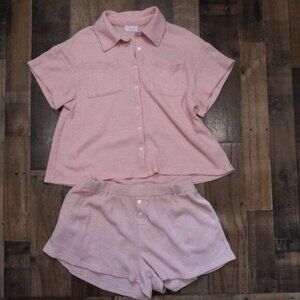 Pink Lily Large 2 Piece Pink Waffle Knit Button Up Top w/ Shorts Coordinate Set